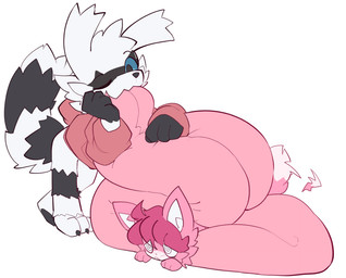 ambiguous_gender anthro black_claws black_markings black_nose black_pawpads bleh blue_sclera blush blush_lines cheek_tuft claws clothing countershade_snout countershading dipstick_tail duo facial_markings facial_tuft fluffy_fur fur gloves_(marking) hair hand_on_tongue head_markings hoodie hyper hyper_tongue inner_ear_fluff leaning leaning_forward leaning_on_self long_tail long_tongue lying lying_on_tongue markings mask_(marking) on_front one_eye_closed pawpads pink_body pink_fur pink_hair pink_tongue raised_tail red_clothing red_hoodie red_topwear relaxing ring_(marking) ringed_tail simple_background snout spiral spiral_eyes standing striped_markings striped_tail stripes tail tail_markings tail_motion tailwag thick_tongue thin_eyebrows tongue tongue_focus tongue_on_ground tongue_out topwear tuft white_background white_body white_countershading white_fur white_inner_ear white_inner_ear_fluff white_tail_tip foxsicle nintendo pokemon domestic_cat felid feline felis galarian_form galarian_zigzagoon generation_8_pokemon mammal pokemon_(species) regional_form_(pokemon) 2025 flat_colors