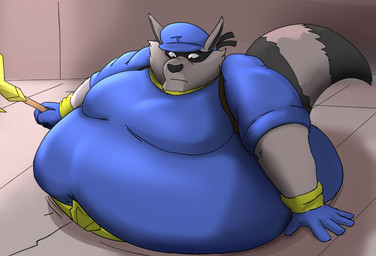 anthro belly belt belt_buckle big_belly black_body black_fur buckle cane clothed clothing eyemask eyewear flat_cap fur gloves grey_body grey_fur handwear hat headgear headwear holding_cane holding_object huge_belly looking_down looking_down_at_self male markings moobs morbidly_obese morbidly_obese_anthro morbidly_obese_male obese obese_anthro obese_male overweight overweight_anthro overweight_male ring_(marking) ringed_tail solo striped_markings striped_tail stripes stuck tail tail_markings wide_hips redwardfoxie sly_cooper_(series) sony_corporation sony_interactive_entertainment sucker_punch_productions sly_cooper mammal procyonid raccoon hi_res