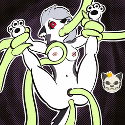 3_toes anal anal_penetration anthro anus areola belly black_background black_pawpads breasts dotted_background ear_piercing ear_ring eyebrow_piercing facial_piercing feet female fur genitals grey_body grey_fur grey_hair hair legs_up navel nipples oral oral_penetration pattern_background pawpads penetration piercing pink_areola pink_nipples purple_background red_sclera restrained restrained_by_tentacles ring_piercing simple_background spread_legs spreading suspended_via_tentacles suspension tentacle_around_arm tentacle_around_breast tentacle_around_leg tentacle_in_ass tentacle_in_mouth tentacle_in_vagina tentacle_penetration tentacles toes triple_penetration vaginal vaginal_penetration vulva white_body white_eyes white_fur kingkuraselache hellaverse helluva_boss kinktober kinktober_2025 mythology loona_(helluva_boss) canid canid_demon canine demon hellhound mammal mythological_canine mythological_creature 1:1 2025 digital_drawing_(artwork) digital_media_(artwork) hi_res