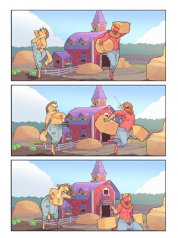 anthro areola barn big_breasts biped breasts clothed clothing detailed_background duo farm female freckled_face freckles genitals male motion_lines muscular muscular_anthro muscular_male nipples orange_body outside pecs penis pube_peek pubes red_body stocky tail torn_clothing wardrobe_malfunction cumbread friendship_is_magic hasbro my_little_pony applejack_(mlp) big_macintosh_(mlp) equid equine mammal absurd_res comic hi_res brother_(lore) brother_and_sister_(lore) sibling_(lore) sister_(lore)