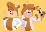 accessory anthro black_nose brown_body brown_hair clothing eyes_closed female flower hair hat headgear headwear male open_mouth open_smile plant simple_background smile tan_body toony uniform yellow_background caramelbubbleart hanna-barbera jellystone_(hbo_max) yogi_bear boo-boo_bear cindy_bear yogi_bear_(character) bear mammal hi_res