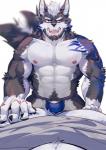 abs anthro biceps clothing duo facial_hair fur hair male muscular muscular_male nipples pecs solo_focus tattoo sadonghao canid canine canis mammal wolf 2019 digital_media_(artwork) hi_res