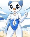 anthro beach belly_cutout breasts clothing cutout female navel one-piece_swimsuit pokemorph seaside solo swimwear fluffolio nintendo pokemon generation_5_pokemon oshawott pokemon_(species) 4:5 digital_media_(artwork) low_res pixel_(artwork)