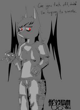 alternative_fashion anthro cigarette emo female insult insulting_viewer minimal_color red_eyes side_part_hair smoking solo standing tall text wings merchwynn maple_(merchwynn) canid canine canis demon hybrid mammal wolf english_text hi_res signature sketch