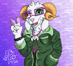 anthro cheek_tuft chin_tuft clock clothing collared_shirt eyewear facial_tuft floppy_ears fur gesture glasses green_clothing green_eyes green_shirt green_topwear hand_gesture hand_in_pocket horn male neck_tuft necktie one_eye_closed pawpads pink_pawpads pockets purple_background shirt simple_background smile snout solo topwear tuft v_sign watch wearing_glasses white_body white_fur wink go-two bovid caprine goat mammal absurd_res hi_res