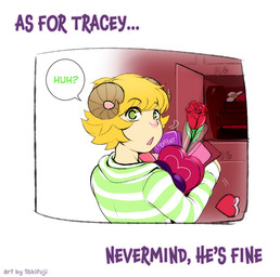 anthro blonde_hair bovid_horn candy caprine_horn chocolate clothing dessert dialogue femboy flower food fur green_clothing green_eyes green_topwear hair holidays horn locker looking_at_viewer looking_back male open_mouth pattern_clothing pattern_topwear pink_nose plant ram_horn rose_(flower) simple_background solo speech_bubble standing striped_clothing striped_topwear stripes tan_body tan_fur text topwear white_background white_clothing white_topwear tokifuji valentine's_day keiran_tracey bovid caprine domestic_sheep mammal sheep 2020 digital_media_(artwork) english_text
