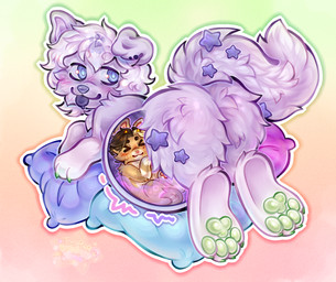 anthro belly blep duo ear_piercing feet feral fur hindpaw male male/male oral_vore orange_body orange_fur paws piercing pillow pink_body pink_fur predator/prey star tongue tongue_out vore x-ray_view timauwu canid canine canis domestic_cat domestic_dog felid feline felis mammal hi_res