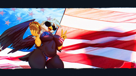 american_flag american_flag_bikini anthro areola bikini biped breasts burger clothed clothing eyewear feathered_wings feathers female flag_bikini flag_swimwear food open_mouth smile solo sunglasses swimwear thick_thighs two-piece_swimsuit united_states_of_america wings sugarlesspaints accipitrid accipitriform avian bird eagle absurd_res hi_res