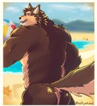 anthro beach border brown_body brown_fur butt day fur male muscular nude sand smile solo tail water white_border wolfy_eduard lifewonders live_a_hero pubraseer canid canine mammal hi_res