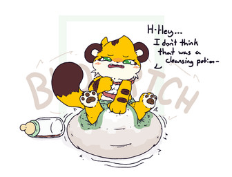 3_toes 4_fingers ambiguous_gender anthro baby_bottle bib blush blush_lines blush_stickers brown_body brown_ears brown_fur brown_markings brown_nose brown_pawpads brown_tail brown_tail_tip clothed clothing dialogue diaper dipstick_tail ellipsis fangs feces feet fingers fur hand_on_diaper markings multicolored_body multicolored_fur narrowed_eyes open_mouth pawpads pooping potion simple_background sitting soiled_diaper soiling soiling_diaper solo sound_effects tail tail_markings tan_body tan_fur tan_inner_ear teeth text toes touching_diaper two_tone_tail unclean_diaper used_diaper using_diaper wearing_diaper white_background yellow_body yellow_fur yellow_tail boredomwithfriends ace_(boredomwithfriends) felid mammal pantherine tiger 2026 english_text full-length_portrait hi_res portrait