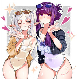 breasts circle_eyebrows clothing duo ear_piercing eyebrows eyelashes eyewear eyewear_on_head female female_human female_humanoid green_eyes hair heart_symbol humanoid_pointy_ears jacket jewelry necklace not_furry one-piece_swimsuit one_eye_closed piercing pointy_ears purple_eyes purple_hair smile sparkles sunglasses sunglasses_on_head swimwear topwear twintails_(hairstyle) white_hair wink sachichuu frieren_beyond_journey's_end fern_(frieren) frieren elf human humanoid mammal 2025 hi_res