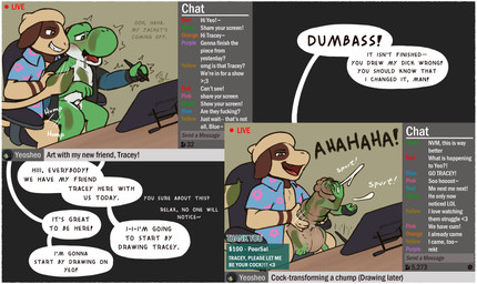 2_panel_comic anal animal_genitalia animal_penis anthro balls bodily_fluids chat_box cock_transformation cum dialogue duo ejaculation enhibitionism equine_genitalia equine_penis forced forced_transformation genital_fluids genitals humiliation livestream male male/male penis public sex text transformation poorsal mario_bros nintendo pokemon fan_character tracy_(linker) dinosaur generation_2_pokemon pokemon_(species) prehistoric_species reptile scalie smeargle yoshi comic english_text hi_res