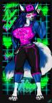 bottomwear breasts clothing eyewear fangs female fluffy glasses gloves grid handwear hat headgear headwear large_female lips muscular muscular_female neon one_eye_closed pants retro smile solo synthwave teeth wink madnessandgiovanni0595 hopey canid canine canis mammal wolf hi_res