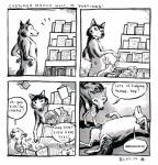 2016 4koma absurd_res anne_barnetson base_two_layout beaver black_nose book canid canine canis comic customer_service_wolf dialogue english_text exclamation_point feral four_frame_image grid_layout group hi_res lagomorph leporid mammal onomatopoeia question_mark rabbit rodent sciurid snout sound_effects speech_bubble text traditional_media_(artwork) tree_squirrel two_row_layout wolf