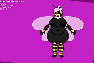 2_toes 4_wings 5_fingers antennae_(anatomy) anthro areola belly big_belly big_breasts big_nipples biped black_areola black_body black_nipples black_sclera breasts clothing curvy_figure deep_navel eyelashes feet female fingers front_view fur hair huge_breasts leggings legwear looking_at_viewer multi_wing multicolored_body navel neck_tuft nipples non-mammal_breasts non-mammal_hair non-mammal_navel non-mammal_nipples nude overweight overweight_anthro overweight_female pink_eyes pink_hair ponytail smile solo standing text thick_thighs toes translucent translucent_wings tuft two_tone_body venus_figure voluptuous white_body white_fur wide_hips wings yellow_body illuminion_(artist) brenda_meganias arthropod bee hymenopteran insect 2024 digital_media_(artwork) english_text model_sheet pixel_(artwork)