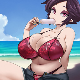 beach big_breasts breasts cleavage clothed clothing female food huge_breasts humanoid_pointy_ears not_furry pointy_ears popsicle seaside solo divine_wine humanoid vampire 1:1 absurd_res hi_res