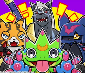 anthro black_body black_fur clothing female fur gloves green_body group handwear male melee_weapon orange_body orange_fur red_eyes smile sword tongue tongue_out weapon yellow_eyes bandai_namco digimon digimon_beatbreak chiropmon digimon_(species) gekkomon murasamemon pristimon scalie official_art