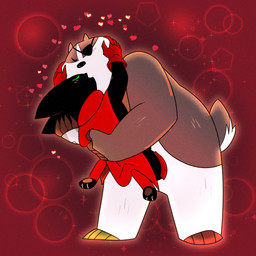 1_eye anthro black_body black_fur blush blush_lines cape clothing cybernetic_arm cybernetic_limb cybernetics digitigrade disability duo eye_patch eyewear fur heart_symbol hearts_around_head hug kissing machine male male/male overweight overweight_anthro overweight_male pawpads prosthetic prosthetic_arm prosthetic_limb red_clothing romantic romantic_couple size_difference zerosjki cartoon_network mao_mao:_heroes_of_pure_heart badgerclops sheriff_mao_mao_mao badger cyborg domestic_cat felid feline felis mammal mustelid musteline 1:1 hi_res
