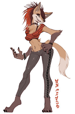 anthro barbell_piercing barefoot black_hair black_nails bra_strap bracelet breasts chest_tuft clothing collar colored_nails crop_top ear_piercing eyelashes eyeshadow feet female hair hand_on_hip jewelry kemono legwear makeup nails navel navel_piercing pattern_clothing pattern_shirt pattern_topwear piercing red_clothing red_hair red_shirt red_topwear ring sharp_teeth shirt simple_background smile solo spiked_collar spikes striped_clothing striped_shirt striped_topwear stripes tail teeth thong_straps tights topwear tuft white_background sanjiro canid canine fox mammal 2024 dated hi_res