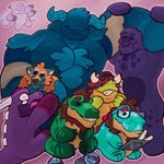 anthro beard beverage blue_body blue_hair blue_markings bodily_fluids body_hair brown_body brown_hair chest_hair chibi claws crying eyeless eyewear facial_hair gesture glasses goatee green_body green_markings group hair hair_over_eye horn male markings muscular pink_background plushie-like purple_body red_spikes scale_markings scales sideburns silly simple_background smile smirk soda spiked_tail spikes spikes_(anatomy) tablet_computer tail tears toony waving wings trick_rex apple_inc. ipad microsoft minecraft mojang mythology xbox_game_studios brendan_(trickrex) demure_dragon_(character) lambert_(carnotaurus) schlepp_fox_(character) trick_rex_(character) truth_gator_(character) warryn_(trick_rex) zealous_shark_(character) abelisaurid alligator alligatorid carnotaurus crocodilian dinosaur dragon enderman mythological_creature mythological_scalie prehistoric_species reptile scalie theropod tyrannosaurid tyrannosauroid tyrannosaurus tyrannosaurus_rex warden_(minecraft) 1:1 absurd_res hi_res huge_filesize