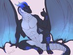 anthro black_body blue_body blue_eyes blue_horn horn male nude simple_background smile solo tail white_body wings dimonis mythology dragon mammal mythological_creature mythological_scalie scalie 2022 4:3 colored_sketch digital_media_(artwork) signature sketch