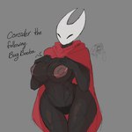 anthro areola big_areola big_breasts big_nipples black_body black_eyes breasts cape clothed clothing duo female hand_on_breast happy huge_breasts nipples nude partially_clothed red_cape red_clothing simple_background text thick_thighs wide_hips crows_dome hollow_knight team_cherry hornet_(hollow_knight) arthropod insect 1:1 2023 absurd_res hi_res