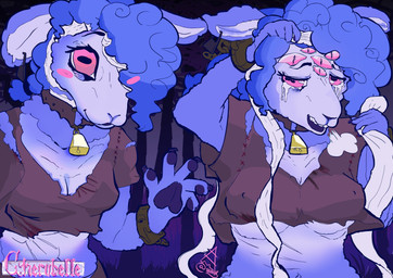 7_eyes anthro blue_body blue_fur blue_hair blush bodily_fluids breasts brown_clothing claws clothing cowbell cross-eyed crying curly_hair eyelashes female fur hair looking_at_viewer multi_eye multicolored_body multicolored_fur multicolored_hair neck_belt neck_tuft neckwear open_mouth pawpads paws pink_eyes sad smile solo tears teeth text topwear tuft two_tone_body two_tone_fur two_tone_hair white_body white_fur white_hair wool_(fur) jacksleight cherubelle_(jacksleight) bovid caprine mammal sheep absurd_res character_name hi_res