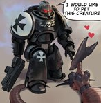 armor astartes bestiality blush blush_lines bolter bone breast_squish breasts duo female feral gun headpat heart_symbol human_on_feral interspecies long_tail lying_on_ground male male/female not_furry on_ground primaris ranged_weapon scary skull smile space_marine speech_bubble squish tail text weapon noconcession warhammer_(franchise) warhammer_40000 alien human humanoid mammal ravener_(tyranid) tyranid absurd_res english_text hi_res