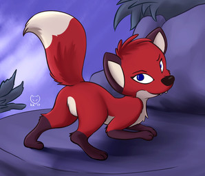blue_eyes butt featureless_butt featureless_crotch female feral fur outside raised_tail red_body red_fur solo tail young young_feral kettukarkki jungledyret_hugo rita_(jungledyret) canid canine fox mammal hi_res