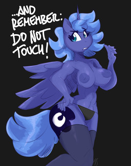 5_fingers anthro anthrofied blue_body blue_eyes blue_hair blue_tail breasts clothed clothing cutie_mark dialogue eyebrow_through_hair eyebrows female fingers hair horn legwear panties solo stockings tail text thick_thighs thigh_highs translucent translucent_hair underwear unicorn_horn wings flutterthrash friendship_is_magic hasbro my_little_pony mythology princess_luna_(mlp) equid equine mammal mythological_creature mythological_equine winged_unicorn absurd_res english_text hi_res