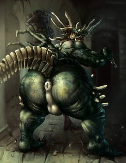 anus balls beady_eyes big_butt butt genitals green_body holding_key holding_object inside key looking_at_viewer male male_humanoid perineum puffy_anus rear_view red_eyes solo standing tail white_anus white_balls satanic_monkey dark_souls fromsoftware asylum_demon demon humanoid species_request digital_media_(artwork) hi_res