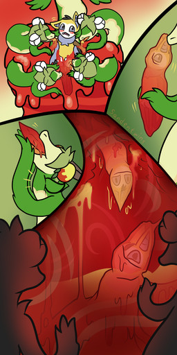 accessory ambiguous_gender anthro apple blush bound candy coating dessert dripping encapsulated_vore encasement fangs female feral flower flower_in_hair food fruit fur fusion group hair hair_accessory horn inside_stomach internal leaf licking licking_body oral_vore plant pokemon_fusion purple_eyes size_difference swallowing syrup teeth tongue vore yellow_body yellow_fur sandentwins nintendo pokemon pomadochi arthropod dolliv elemental_creature flora_fauna generation_4_pokemon generation_7_pokemon generation_9_pokemon gliscor hybrid hydrapple insect mammal pokemon_(species) reptile ribombee scalie snake 1:2 absurd_res comic hi_res sequence
