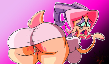 anthro big_breasts big_butt blue_eyes bodily_fluids breasts butt clothed clothing female fluffy fluffy_tail genital_fluids genitals hair hat headgear headwear horn looking_at_viewer multi_eye nurse_clothing nurse_hat nurse_headwear open_mouth orange_body partially_clothed pink_hair solo tail thick_thighs tongue vaginal_fluids vulva rot_ware_(artist) hellaverse helluva_boss background_character muffy_(helluva_boss) bovid caprine caprine_demon demon mammal hi_res