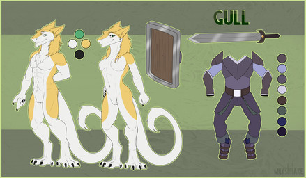abs anthro claws clothing featureless_crotch female looking_at_viewer male melee_weapon smile solo standing sword weapon milkshakefrappucino gull_(sirgull) sergal model_sheet