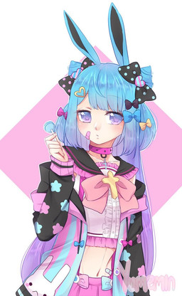 accessory bandage bow_(feature) bow_ribbon candy choker dessert female food hair hair_accessory hair_bow hair_ribbon jewelry lollipop looking_at_viewer navel necklace ribbons solo yumemin animal_humanoid humanoid lagomorph lagomorph_humanoid leporid_humanoid mammal mammal_humanoid rabbit_humanoid
