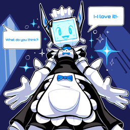 armwear clothing elbow_gloves gloves handwear looking_at_viewer machine maid_uniform male not_furry offscreen_character open_mouth open_smile screen screen_face smile solo speech_bubble text uniform white_clothing white_gloves white_handwear baronflint camelot_(baronflint) humanoid robot robot_humanoid 1:1 english_text
