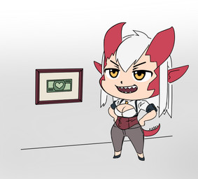 big_breasts bottomwear breasts chibi cleavage clothed clothing dot_nose female grey_background hair half-closed_eyes heart_symbol horn money monster_girl_(genre) narrowed_eyes pants picture_frame proud red_ears red_horn red_tail sharp_teeth simple_background smile solo tail teeth white_hair yellow_eyes randomtanstudio mythology nickelodeon spongebob_squarepants ryu_(randomtanstudio) animal_humanoid dragon dragon_humanoid humanoid mythological_creature mythological_scalie scalie