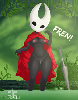 after_sex anthro biped black_body black_eyes blush bodily_fluids bottomless breasts cloak clothed clothing cum cum_from_vagina cum_in_vagina cum_inside female forest genital_fluids genitals happy innie_vulva looking_at_viewer mask melee_weapon navel nippel plant red_clothing rock solo standing sword text tree vulva water weapon silavos hollow_knight:_silksong hollow_knight_(franchise) team_cherry hornet_(hollow_knight) arthropod insect hi_res watermark