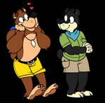 4_fingers anthro arms_bent barefoot belt belt_buckle big_nose black_belt black_body black_claws black_eyes black_fur black_nose black_tail blue_kerchief blue_neckerchief bottomwear brown_body brown_bottomwear brown_clothing brown_eyebrows brown_fur brown_pawpads brown_shorts brown_tail buckle button_(fastener) cheek_tuft claws closed_smile clothed clothed_anthro clothed_female clothed_male clothing duo eye_contact eyebrows eyelashes facial_tuft feet female female_anthro fingers fully_clothed fully_clothed_anthro fully_clothed_female fur green_clothing green_shirt green_topwear hand_on_own_face hands_together heart_nose heart_symbol kerchief looking_at_another male male_anthro mouth_closed multicolored_body neckerchief neckwear open_mouth open_smile pawpads pockets shirt short_tail shorts simple_background smile smiling_at_another smiling_at_each_other standing tail tan_body tan_inner_ear tan_skin thin_eyebrows toe_claws tooth_necklace topwear transparent_background tuft two_tone_body whisker_spots yellow_body yellow_bottomwear yellow_clothing yellow_shorts yellow_skin beastofeuthanasia banjo-kazooie rareware banjo_(banjo-kazooie) fan_character sunny_(luvi-verse) bear black_bear brown_bear mammal ursine 2019 alpha_channel digital_drawing_(artwork) digital_media_(artwork) english_description flat_colors