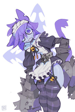 ambiguous_gender anthro bell bell_accessory belt black_clothing black_legwear black_stockings bow_tie clothing crazy_eyes fur garter_belt_leggings garter_belt_legwear garter_straps hair legwear long_tail looking_at_viewer maid_apron maid_headdress maid_uniform pattern_clothing pattern_legwear pattern_stockings purple_body purple_clothing purple_eyes purple_fur purple_hair purple_legwear purple_stockings purple_tail simple_background smile solo stockings striped_clothing striped_legwear striped_stockings stripes tail teeth torn_clothing torn_legwear torn_stockings uniform white_background white_clothing foresttherotten springjaw_(foretbwat) felid feline mammal hi_res