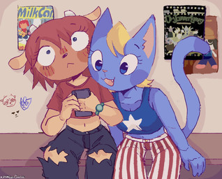 :< anthro black_nose blonde_hair blue_body blue_clothing blue_ears blue_eyes blue_shirt blue_skin blue_tail blue_topwear blush bottomwear clothed clothed_anthro clothed_female clothing crop_top duo fangs female female_anthro front_view fully_clothed fully_clothed_anthro fully_clothed_female hair horn inside leaning midriff navel open_mouth pants pattern_bottomwear pattern_clothing pattern_pants pink_nose poster red_clothing red_hair red_shirt red_topwear shirt sitting striped_bottomwear striped_clothing striped_pants stripes tail tan_body tan_ears tan_skin tank_top teeth topwear torn_bottomwear torn_clothing torn_pants white_horn wide_eyed zombiecousins9 parappa_the_rapper sony_corporation sony_interactive_entertainment um_jammer_lammy katy_kat lammy_lamb bovid caprine domestic_cat felid feline felis mammal sheep 2021 digital_media_(artwork) hi_res portrait signature three-quarter_portrait