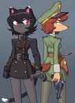 anthro belt brown_hair clothed clothing duo female fur gun hair hat headgear headwear legwear military ranged_weapon simple_background uniform weapon cameron_sewell thedark101 black_cat_(colo) misha_(colo) canid canine canis domestic_cat domestic_dog felid feline felis mammal hi_res