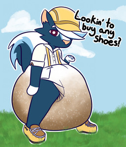anthro big_diaper blort clothing diaper ear_tuft excessive_feces feces footwear fur hat headgear headwear huge_diaper hyper hyper_diaper hyper_feces hyper_soiling male multicolored_body multicolored_fur one_eye_obstructed shoes skunk_tail smug soiled_diaper soiling solo stripes suspenders text tuft unclean_diaper used_diaper law_azure animal_crossing nintendo kicks_(animal_crossing) mammal mephitid skunk hi_res