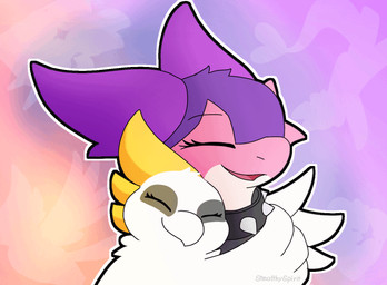 2_horns anthro beak clothing collar cuddling duo eyes_closed feathered_wings feathers female femboy feral green_eyes hair happy horn hug male male/female open_mouth pink_body purple_hair scales simple_background smile spiked_collar spikes white_body wings stealthyspirit nora_(stove2) robin_(otterjunk) avian bird kobold reptile scalie animated digital_media_(artwork) loop