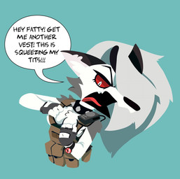 annoyed anthro biped black_clothing black_gloves black_handwear breasts chest_tuft clock clothed clothed_anthro clothed_female clothing collar dialogue electronics female fingerless_gloves fluffy fur gloves grey_body grey_fur grey_hair hair hand_on_breast handwear inner_ear_fluff multicolored_body multicolored_fur red_sclera simple_background solo speech_bubble spiked_collar spikes text topwear tuft two_tone_body two_tone_fur vest walkie-talkie watch white_body white_eyes white_fur wristwatch doodling-doodler hellaverse helluva_boss mythology loona_(helluva_boss) canid canid_demon canine demon hellhound mammal mythological_canine mythological_creature 2025 english_text meme