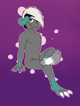 abstract_background anthro asymmetrical_footwear claws clothing footwear green_eyes hair heterochromia male nude one_sock_on pink_eyes purple_background simple_background socks solo white_clothing white_footwear white_socks aaron_amethyst 3:4 absurd_res hi_res