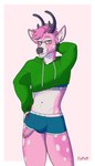 anthro antlers boxer_briefs bra bulge clothing cropped_hoodie eyewear femboy foreskin genitals glasses green_clothing green_eyes green_hoodie green_topwear hair hoodie horn humanoid_genitalia humanoid_penis looking_at_viewer male markings midriff penis penis_poking_out pink_body pink_hair pose simple_background solo sports_bra spots spotted_markings topwear underwear white_background floyote dain_(dainthedeer) deer mammal hi_res