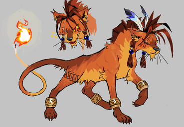 accessory anklet bracelet claws ear_piercing ear_ring eye_scar facial_scar feather_in_hair feral feral_with_hair fire flaming_tail fur grey_background hair hair_accessory jewelry loose_feather male male_feral orange_body orange_fur paws piercing ring_piercing scar simple_background solo tail toe_claws worm_(artist) final_fantasy final_fantasy_vii square_enix red_xiii felid feline mammal