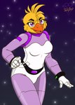 alternate_form alternate_species anthro beak breasts feathers female fingers furrification orange_beak purple_eyes solo space spacesuit yellow_body yellow_feathers yellow_skin thevgbear five_nights_at_freddy's freddy_in_space_3 metroid nintendo scottgames chica_(fnaf) space_chica_(fnaf) avian bird chicken galliform gallus_(genus) phasianid 2023 digital_media_(artwork)