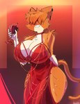 abstract_background alcohol anthro beverage big_breasts blush breasts chest_tuft cleavage clenched_teeth clothed clothing container countershade_arms countershade_face countershade_fur countershade_torso countershading cup curvy_figure dress drinking_glass ear_piercing ear_ring female flower fur glass glass_container glass_cup grin hair hair_over_eyes hands_behind_back holding_glass holding_object holding_wine_glass hourglass_figure huge_breasts multicolored_body multicolored_fur open_mouth open_smile orange_body orange_fur orange_hair piercing pink_nose plant red_clothing red_dress ring_piercing rose_(flower) sharp_teeth small_waist smile solo standing tail tan_body tan_countershading tan_fur teeth text thick_thighs three-quarter_view tuft wide_hips wine wine_glass justbirb hollow_hip_backless_chain_dress meme_clothing paprika_(justbirb) domestic_cat felid feline felis mammal absurd_res artist_name digital_media_(artwork) hi_res krita_(artwork) meme portrait three-quarter_portrait